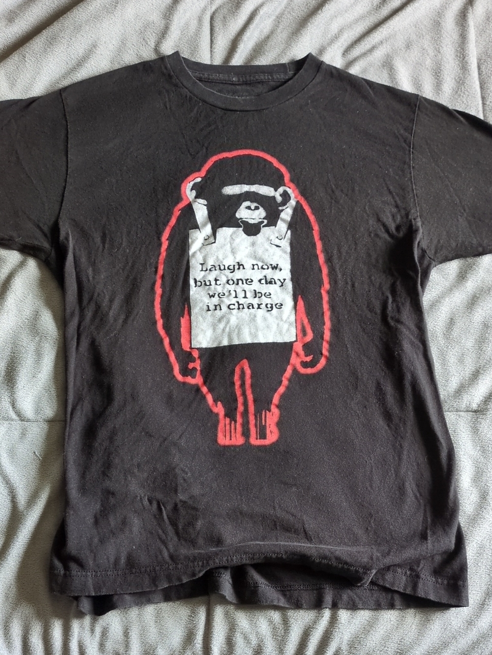 Black Short-Sleeve Graphic Tee with Red-Outlined Monkey